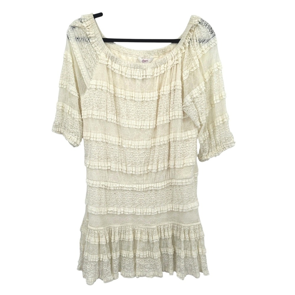 Coquette Lace‎ Mini Dress Large Ivory Off Shoulder Ruffle Cottagecore Romantic